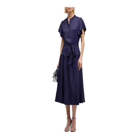 Women's Shoshanna Navy Jacquard Ruffle Sleeve Belted Midi Dress Size 6 - Picture 3 of 12